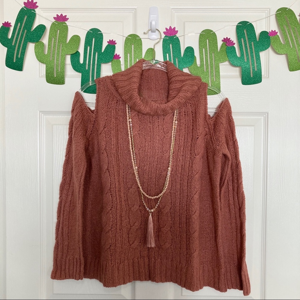 Self Esteem Mauve Cold Shoulder Cowl Neck Sweater